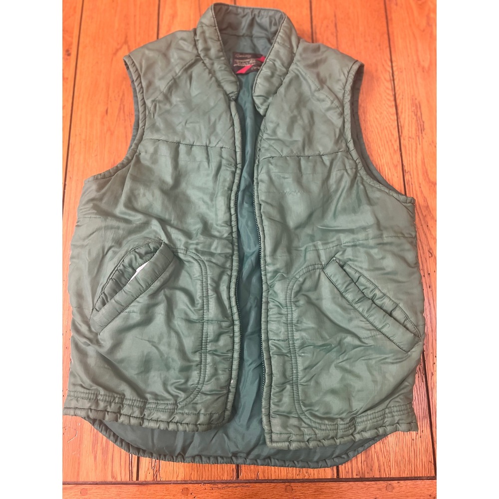 Vintage Sears The Mens Store Puffer Vest Olive Green Quilted Zip Up L Large